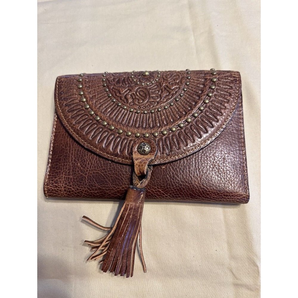 Patricia Nash Colli Brown Leather Trifold Tassel Wallet Stud Embellishments